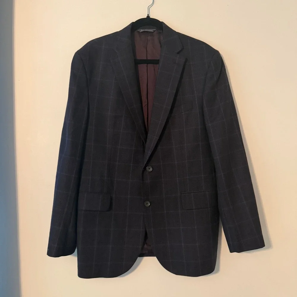 Jack Victor Plaid Glen Check Sport Coat Blazer Navy Blue Wool Men 42R